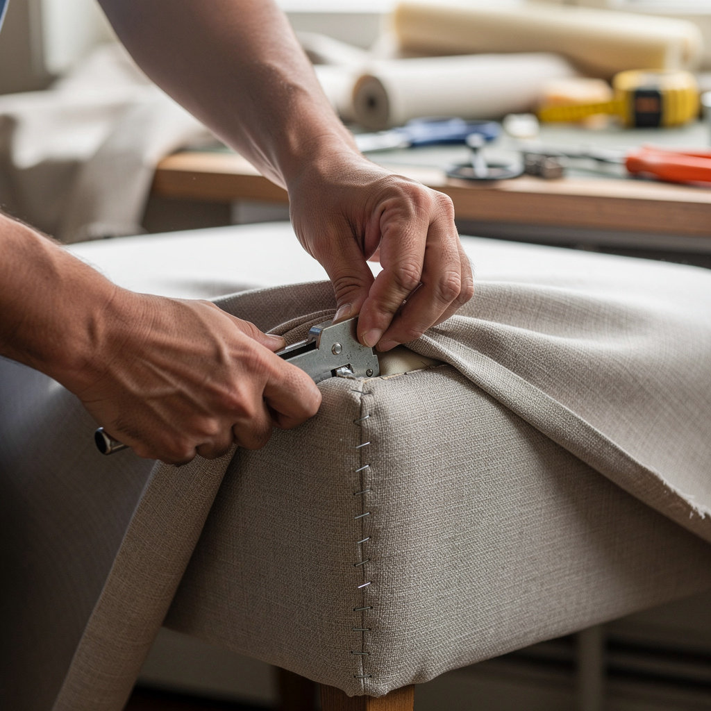 Raul's Upholstery craftsman working on a quality furniture restoration project in Santa Barbara