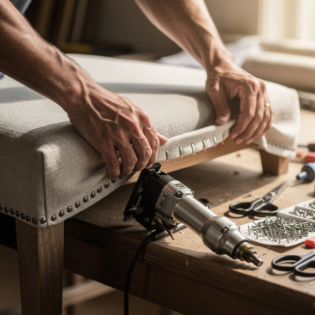 Raul's Upholstery craftsman working on furniture reupholstery in Santa Barbara, showcasing our detailed process