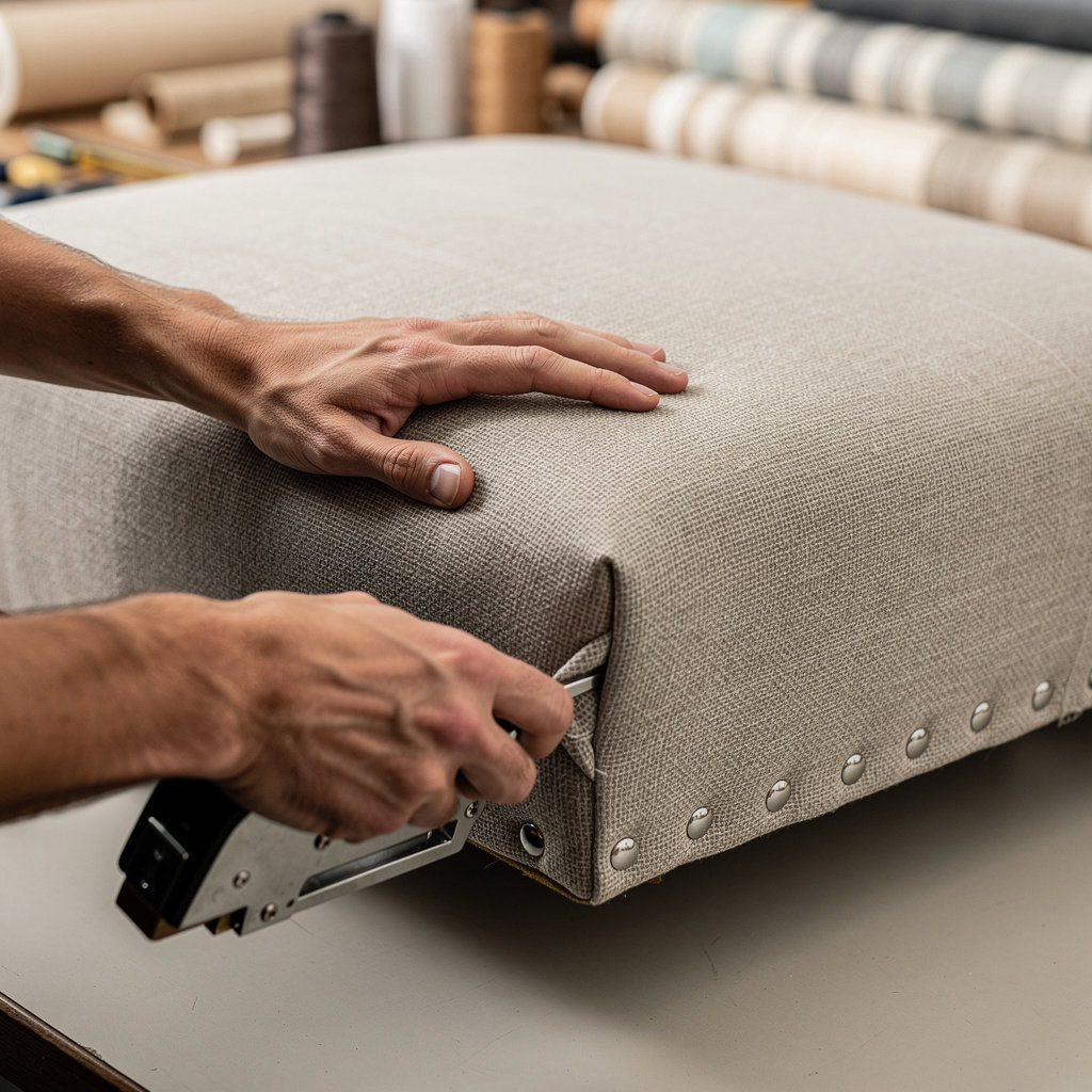 Raul's Upholstery expert craftsman working on detailed furniture reupholstery in Santa Barbara