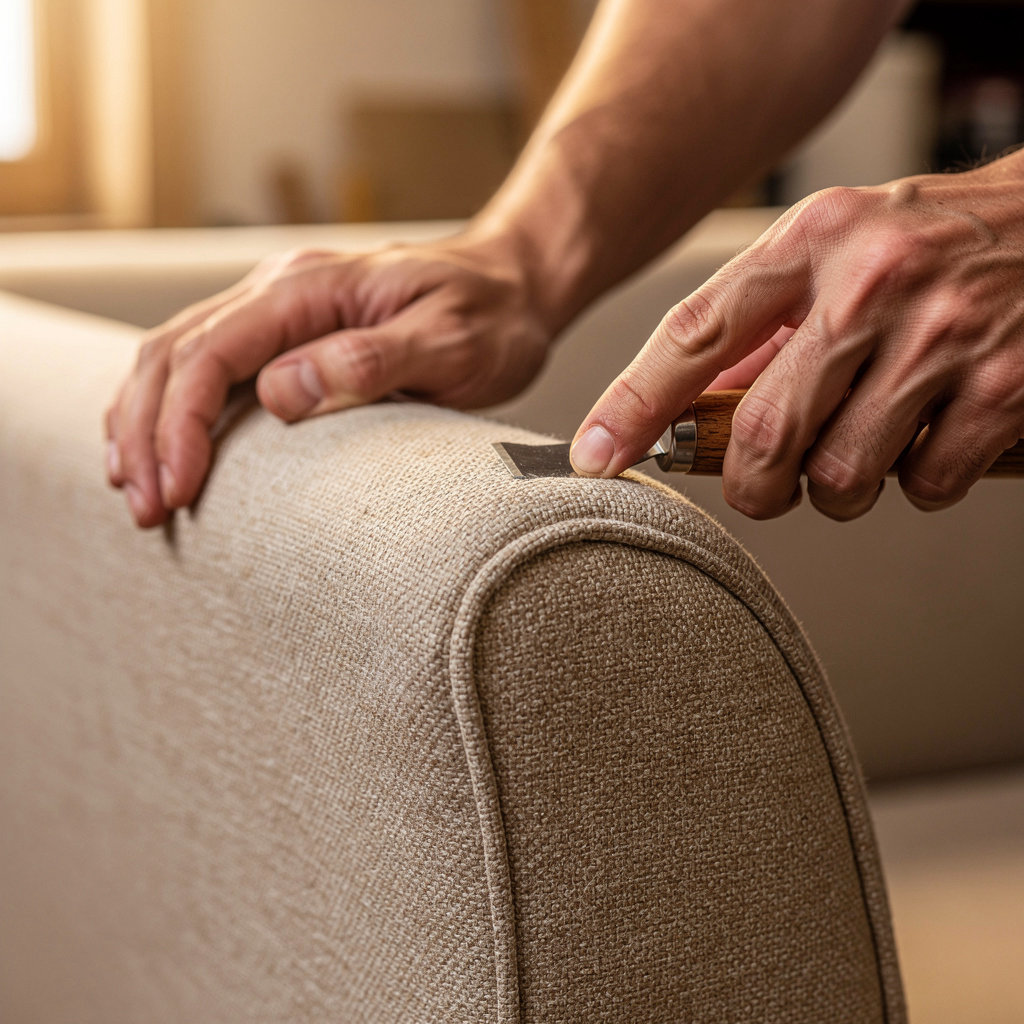 Raul's Upholstery craftsman demonstrating meticulous attention to detail on furniture restoration in Santa Barbara